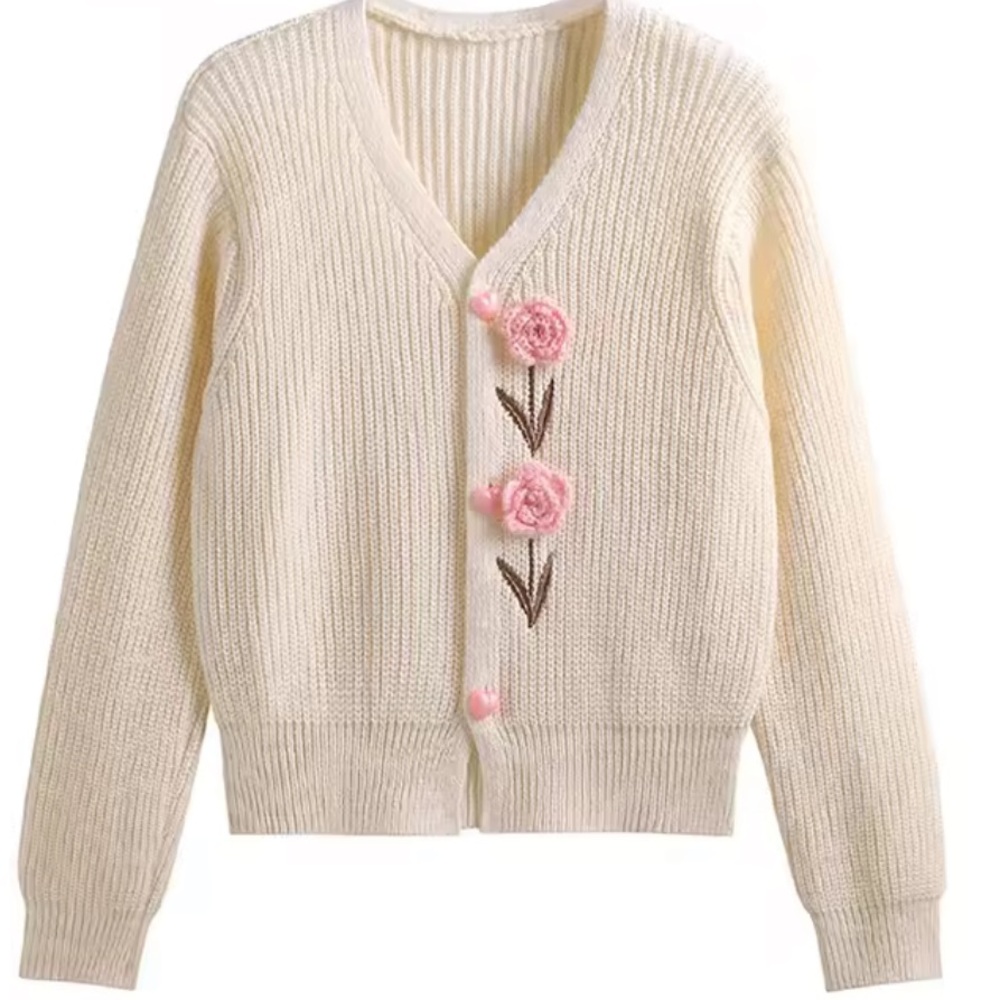 Flower cardigan sweater knit Cream pink Floral Sweater heart button down - Picture 2 of 3